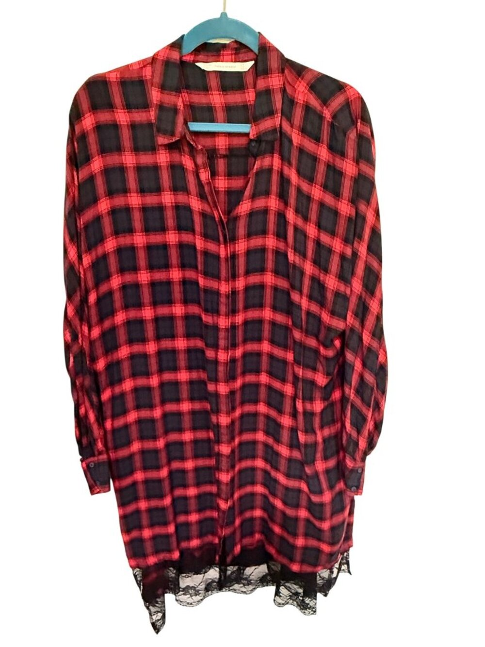 Zara Trafalue Collection Shirt Dress Red Black Plaid Lace Trim Pockets L